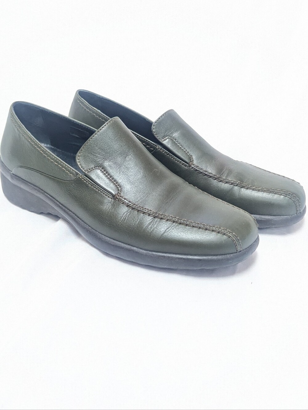Stonefly Army Green Leather Slip On Comfort Loafers Round Toe EU 41 US 8
